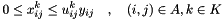 \[ 0 \leq x_{ij}^k \leq u_{ij}^k y_{ij} \quad,\quad (i,j) \in A, k \in K \]