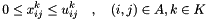 \[ 0 \leq x_{ij}^k \leq u_{ij}^k \quad,\quad (i, j) \in A , k \in K \]